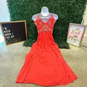 SUMMER ORANGE HALTER MAXI DRESS WITH RUCHED EMBELLISHED DETAILS SIZE U